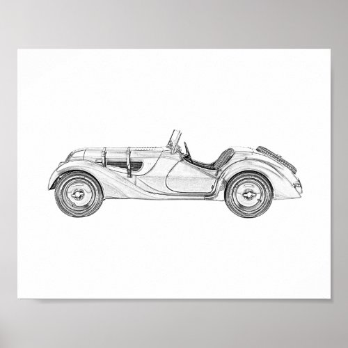 1936 BMW 328 Roadster Black and White Pencil Art Poster