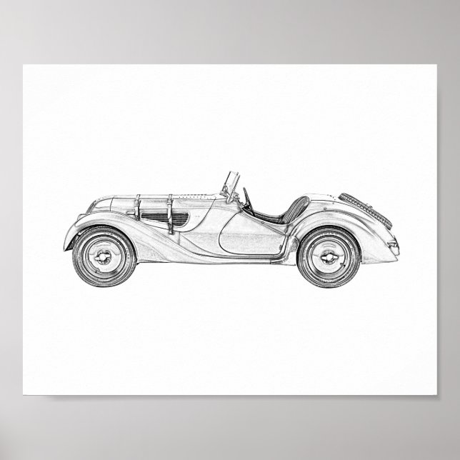 1936 BMW 328 Roadster Black and White Pencil Art Poster (Front)