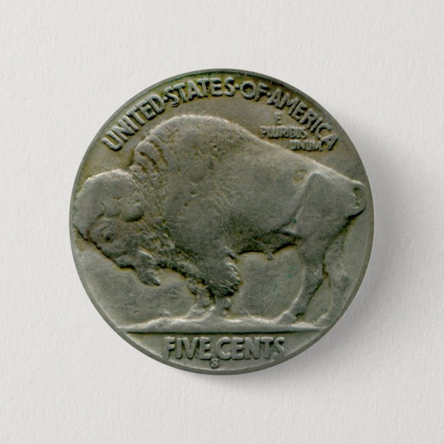 1936 US "Buffalo" nickel tails button (Front)