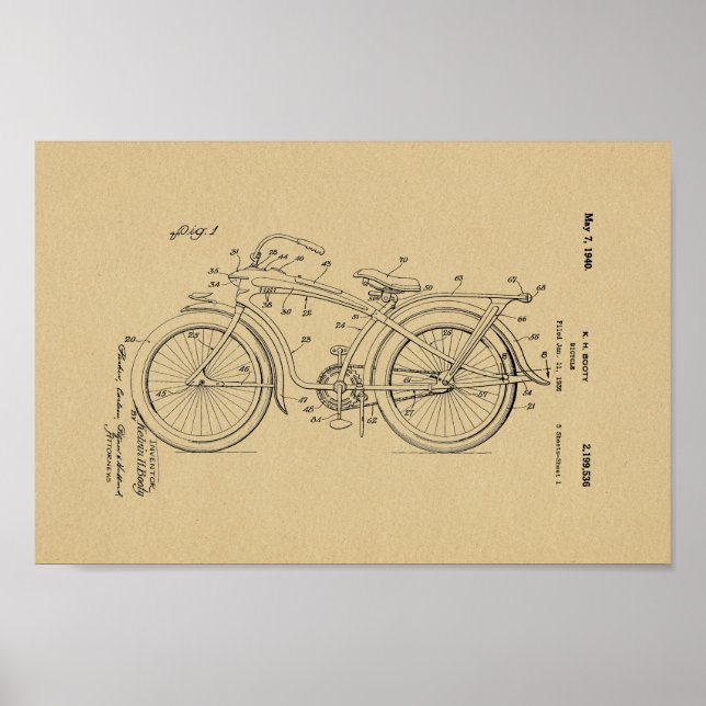 1936 Vintage Bicycle Patent Art Print (Front)