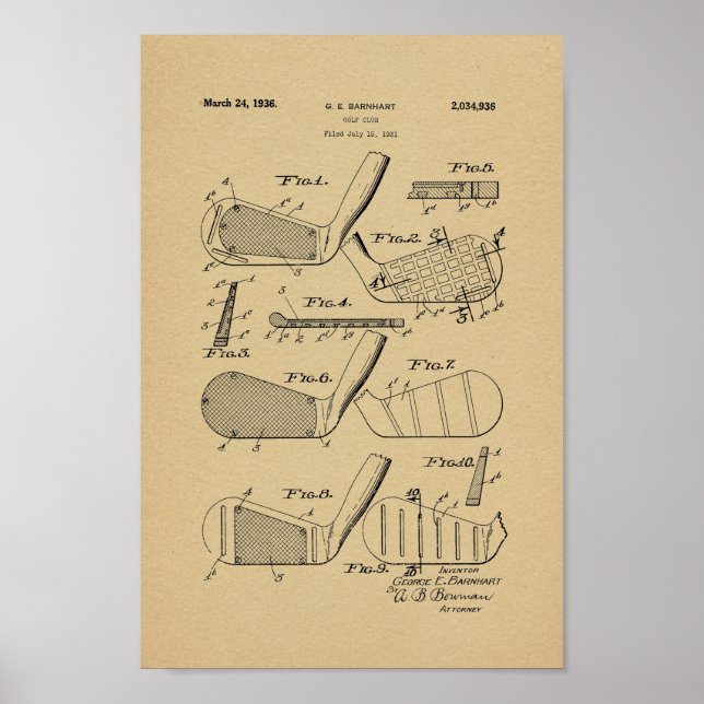 1936 Vintage Golf Club Patent Art Print (Front)