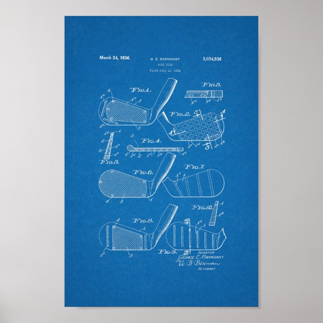 1936 Vintage Golf Club Patent Blueprint Art Print (Front)