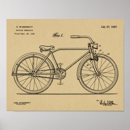 1937 Bicycle Headlamp Design Patent Art Print