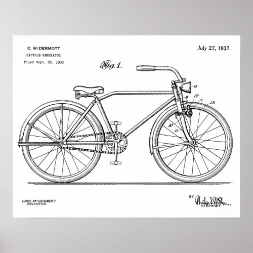 1937 Bicycle Headlamp Design Patent Art Print