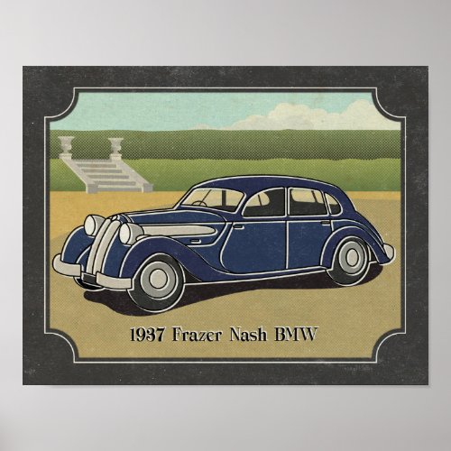 1937 Vintage Blue Frazer Nash Car Poster