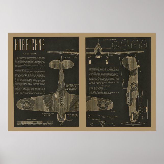 1938 Aviation Hurricane Airplane Design Art Print (Front)