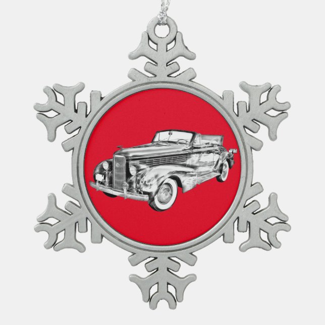 1938 Cadillac Lasalle Convertible Illustration Snowflake Pewter Christmas Ornament (Front)