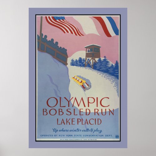 1938 Vintage winter sport Travel ad Lake Placid Poster