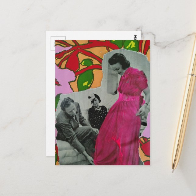 1939 Hot Pink Pajama Lady Mixed Media Collage Postcard (Front/Back In Situ)