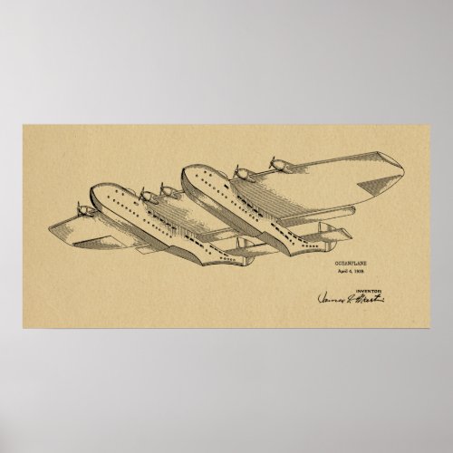 1939 Ocean Airplane Patent Art Drawing Print