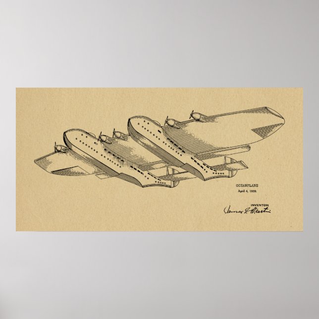 1939 Ocean Airplane Patent Art Drawing Print (Front)
