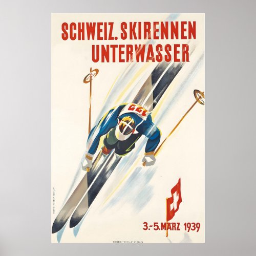 1939 Switzerland Ski Race Underwater Sport Vintage Poster
