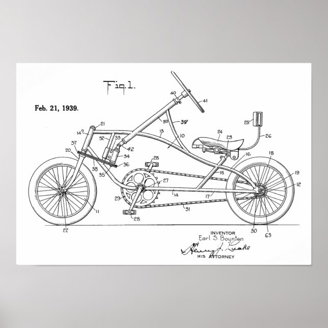 1939 Vintage Recumbent Bicycle Patent Art Print (Front)