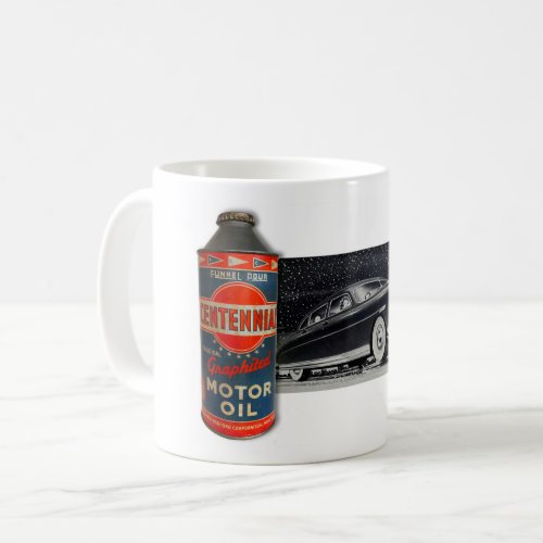 1940 motor oil can with  coffee mug