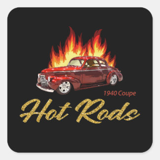 1940 RED HOT ROD & FLAMES, VINTAGE STREET RODS SQUARE STICKER