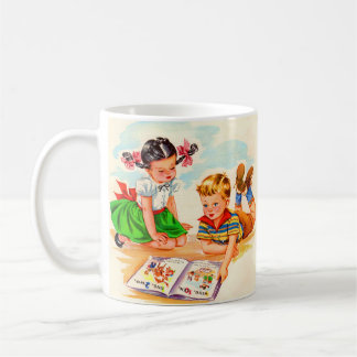 1940s adorable girl and boy and picture book coffee mug