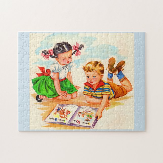 1940s adorable girl and boy and picture book jigsaw puzzle (Horizontal)