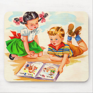 1940s adorable girl and boy and picture book mouse pad