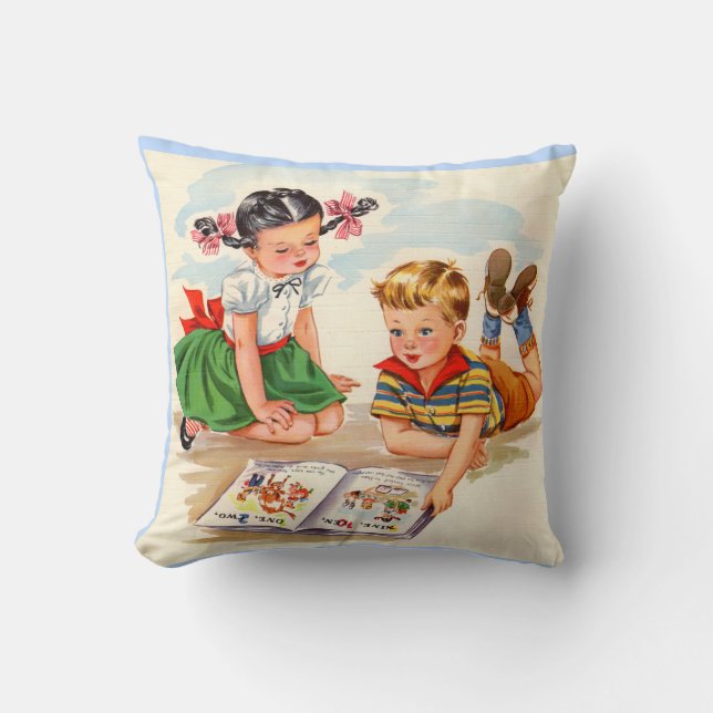 1940s adorable girl and boy and picture book throw pillow (Front)
