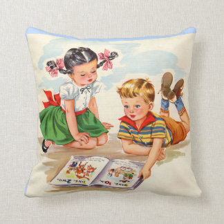 1940s adorable girl and boy and picture book throw pillow