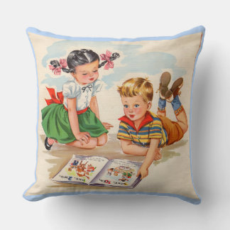 1940s adorable girl and boy and picture book throw pillow