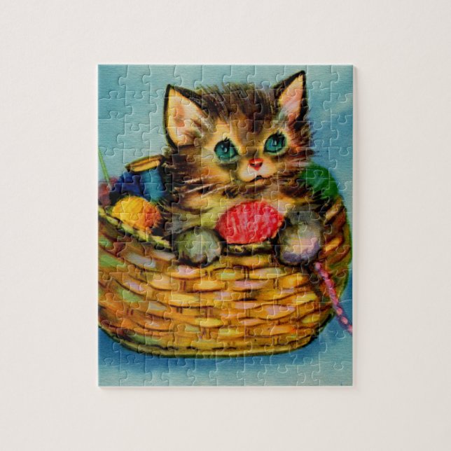 1940s adorable kitten in knitting basket jigsaw puzzle (Vertical)