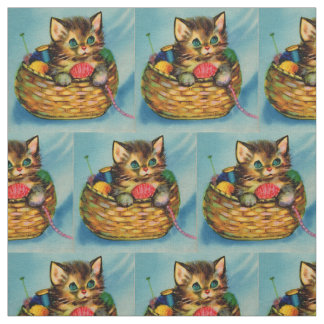1940s adorable kitten in knitting basket print fabric