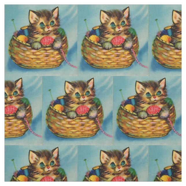 1940s adorable kitten in knitting basket print fabric (Swatch)