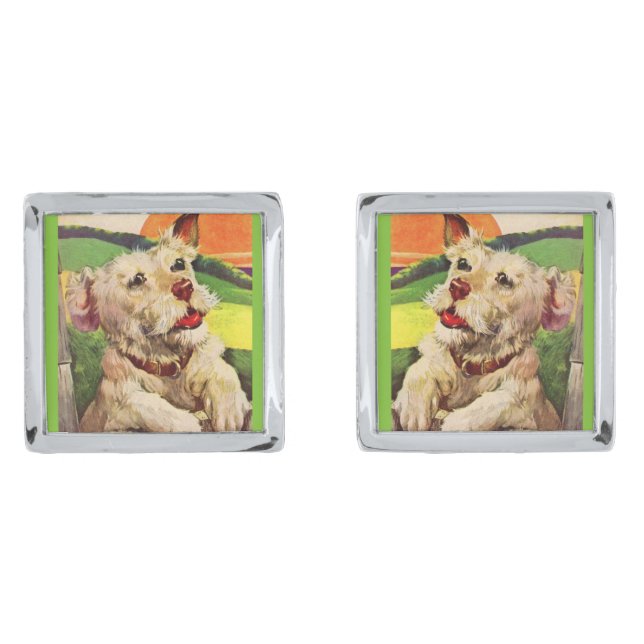 1940s adorable terrier dog silver cufflinks (Front)