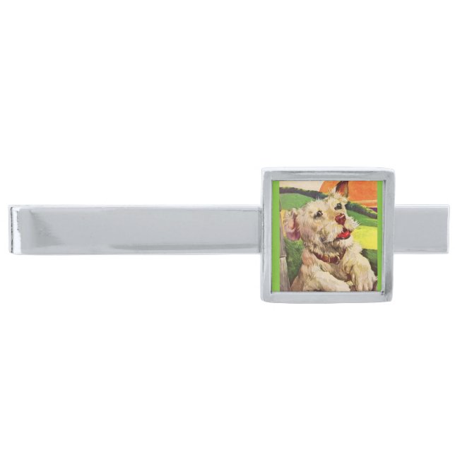 1940s adorable terrier dog silver finish tie clip (Front)