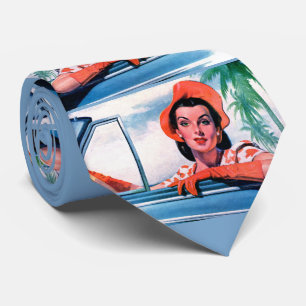 1940s beautiful woman in car print neck tie