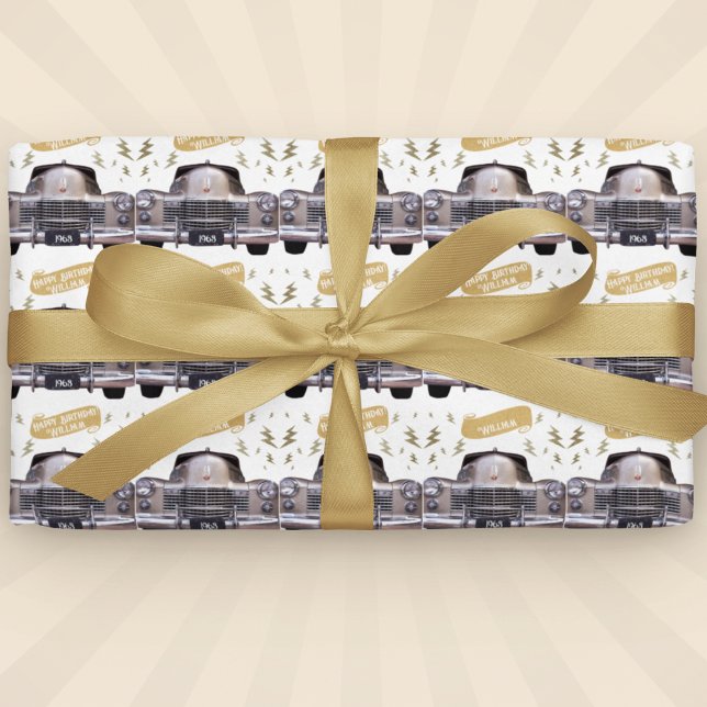 1940's Cadillac Birthday Milestone Personalized  Wrapping Paper (1940s Cadillac Milestone Wrapping Paper: Nostalgic elegance for car enthusiasts! )