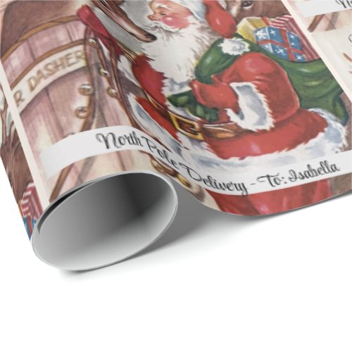 1940s Christmas Card Santa Personalize Child Name Wrapping Paper