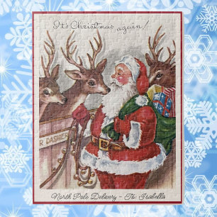 1940's Christmas Card Santa Personalize Name Jigsaw Puzzle