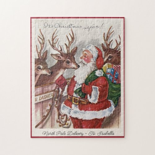 1940s Christmas Card Santa Personalize Name Jigsaw Puzzle
