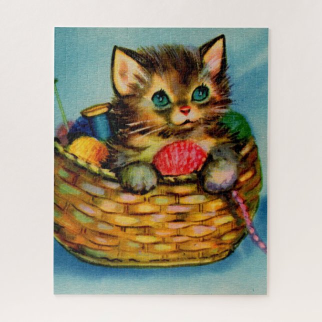 1940s cute kitten in knitting basket jigsaw puzzle (Vertical)