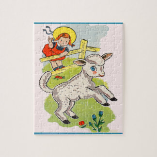 1940s cute little girl with cute little lamb jigsaw puzzle
