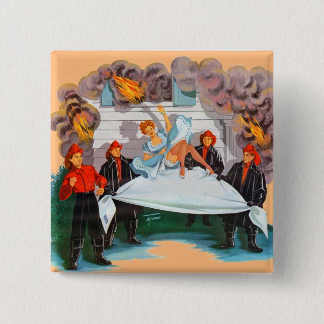1940s firefighters rescue pretty lady button (Front)