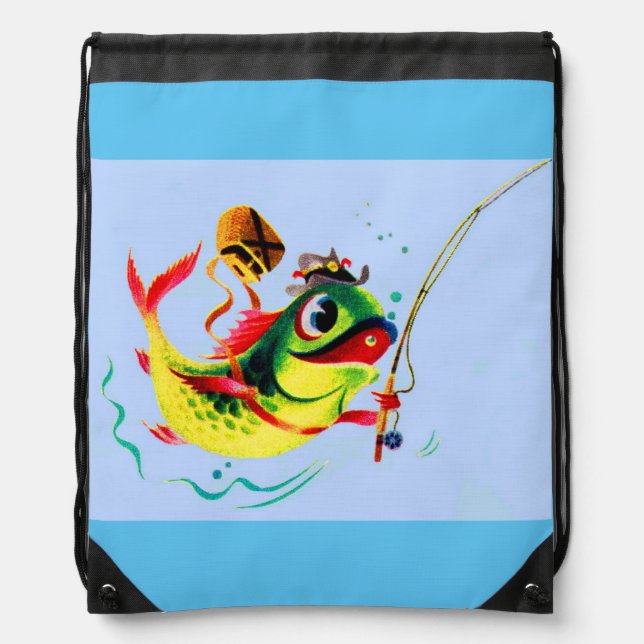 1940s fishing fish drawstring bag (Front)