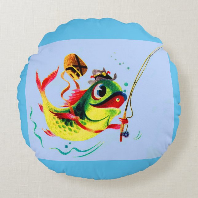 1940s fishing fish round pillow (Front)