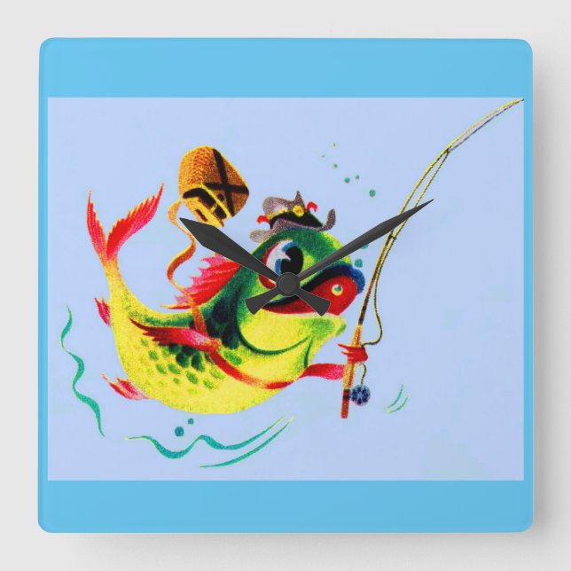 1940s fishing fish square wall clock (Front)