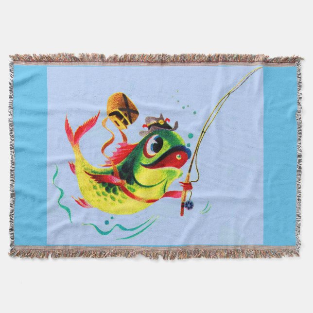 1940s fishing fish throw blanket (Front)
