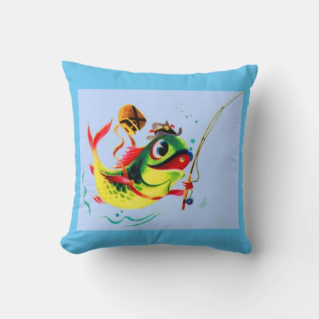 1940s fishing fish throw pillow (Front)