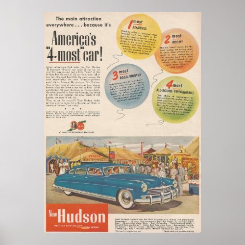 1940s Hudson Automobile Ad Circus Fair Poster