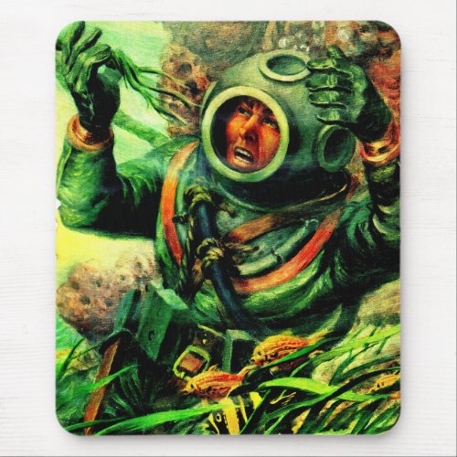 1940s illustration undersea diver in diving helmet mouse pad