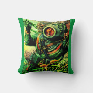 1940s illustration undersea diver in diving helmet throw pillow