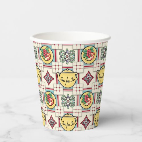 1940s Kitchen Pattern wYellow Teapots Paper Cups