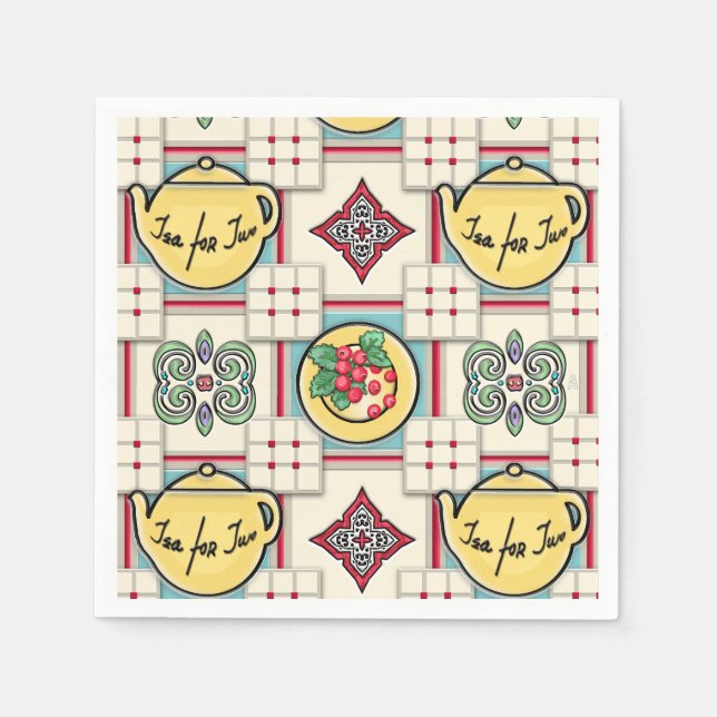 1940s Kitchen Pattern w/Yellow Teapots Paper Napkins (Front)