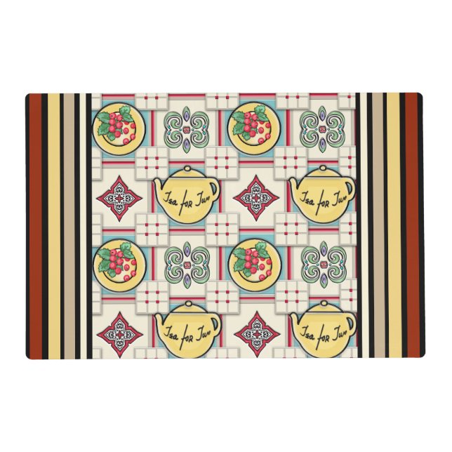 1940s Kitchen Pattern w/Yellow Teapots Placemat (Front)
