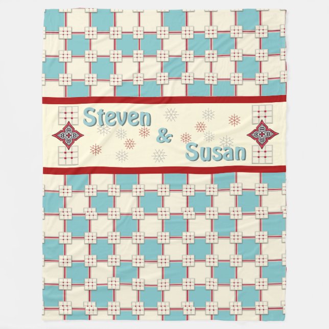 1940s Layered Tile_Aqua, Ivory, Red (Personalized) Fleece Blanket (Front)